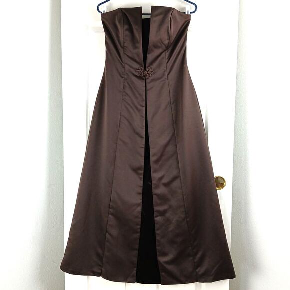 De Laru by Sheila Yen VTG Y2K Strapless Maxi Prom Gown 11/12 dk brown satin vlvt - Picture 1 of 15